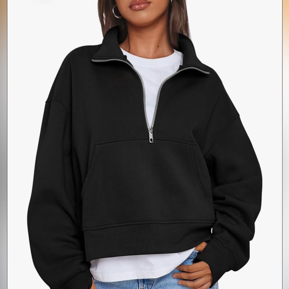 TRENDY QUEEN QUATER ZIP PULLOVER OVERSIZED LONG SLEEVE CROPPED SWEATSHIRT SZ S